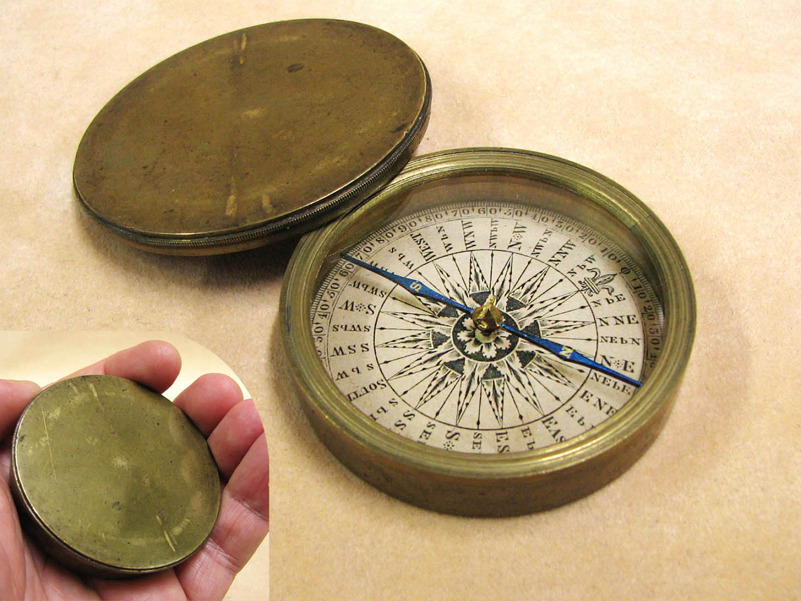 19th century Georgian brass cased explorers compass with lid